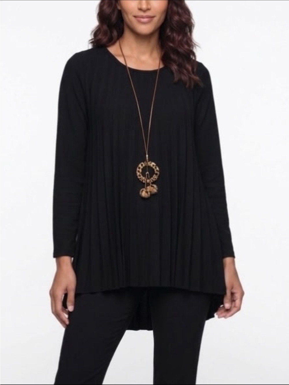 Belle France Black Pleated Long-Sleeve Tunic Top